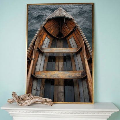 Rustic Wooden Rowboat Canvas Wall Art for Coastal Decor in rose gold floating frame