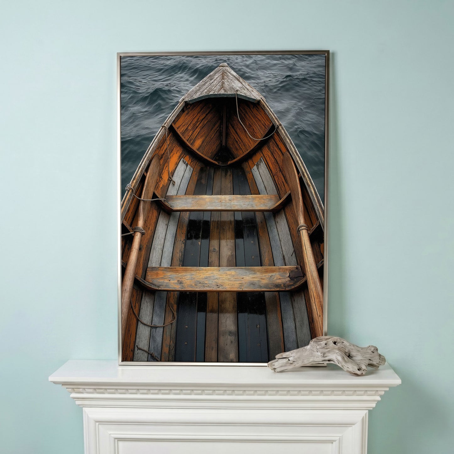 Rustic Wooden Rowboat Canvas Wall Art for Coastal Decor in silver floating frame