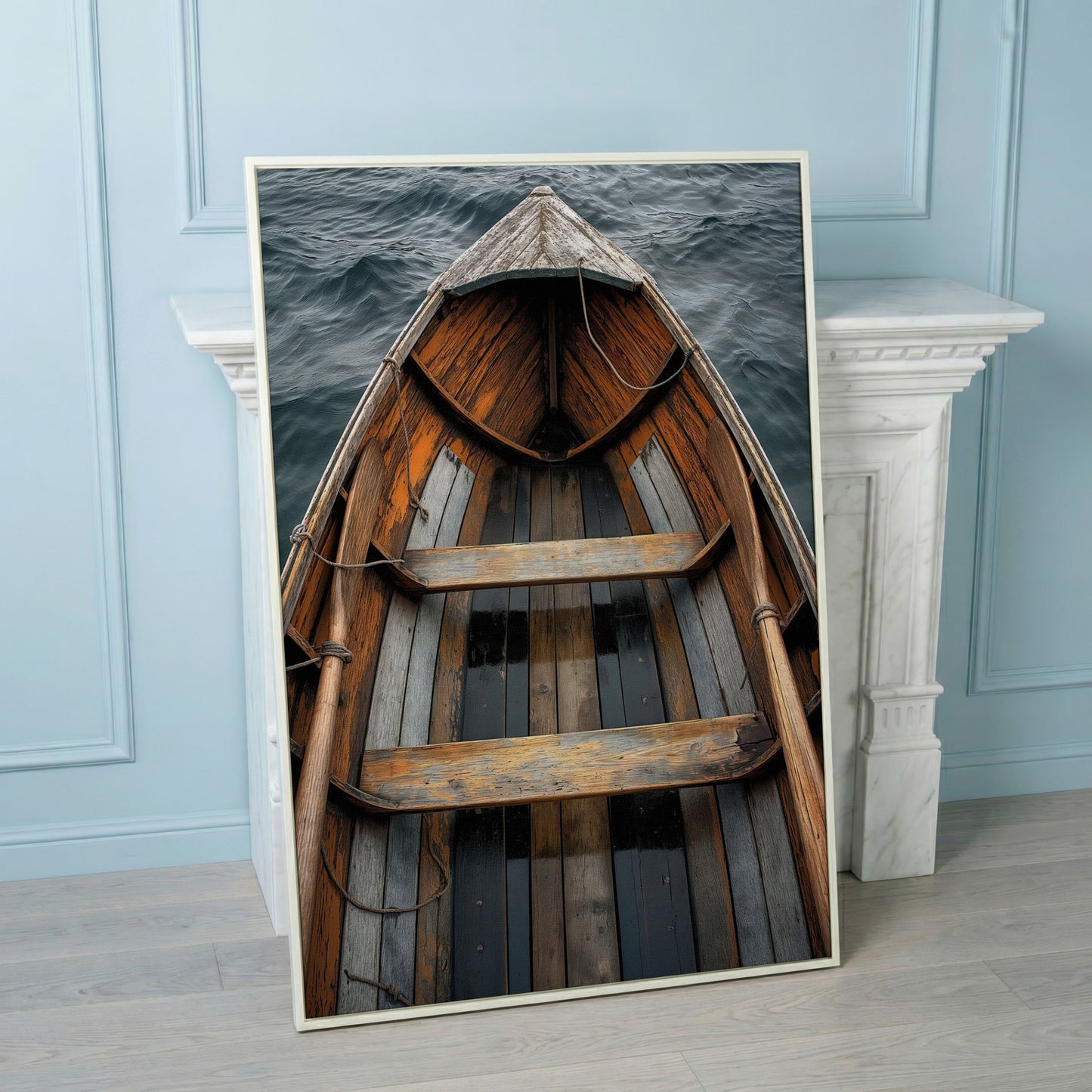 Rustic Wooden Rowboat Canvas Wall Art for Coastal Decor in white floating frame