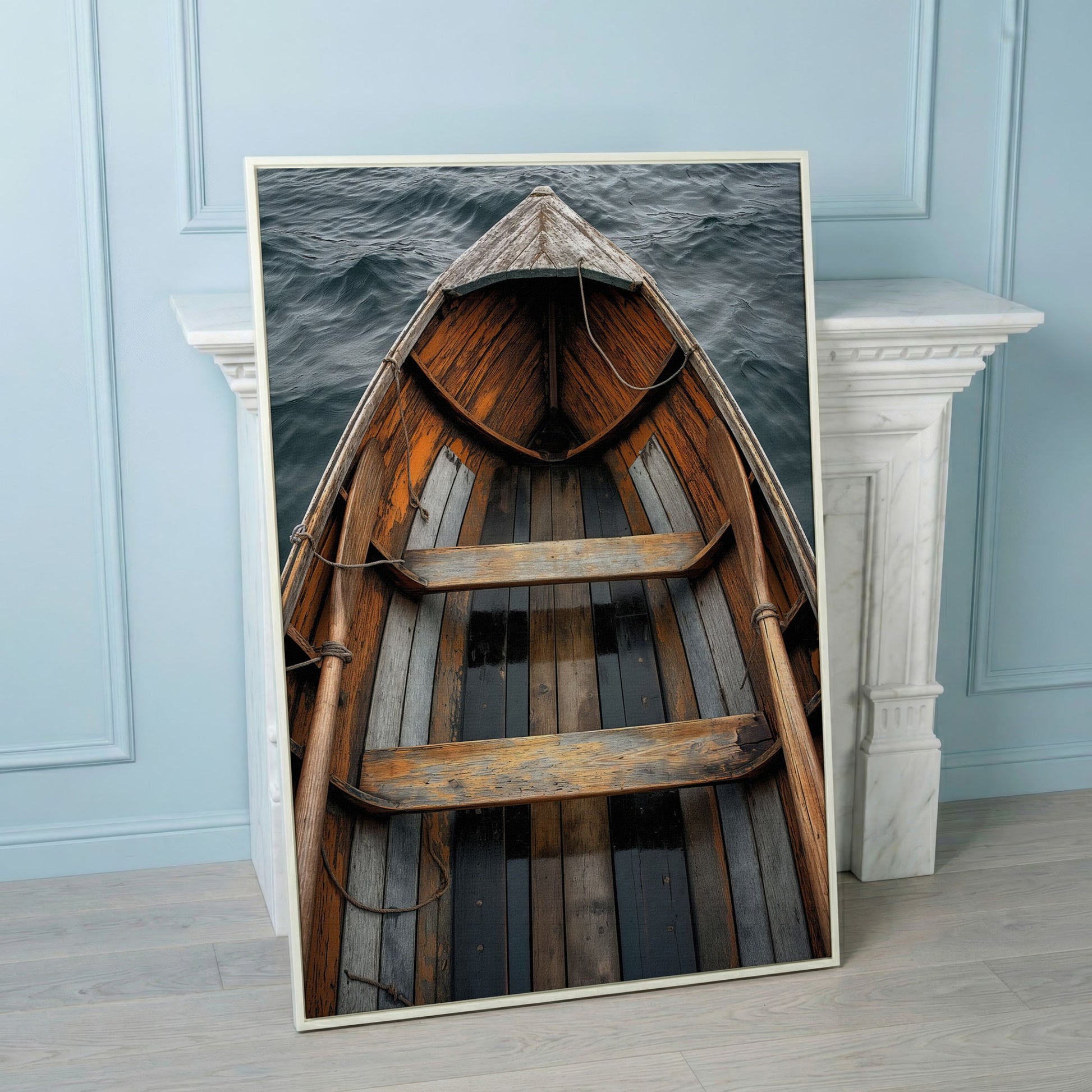 Rustic Wooden Rowboat Canvas Wall Art for Coastal Decor in white floating frame