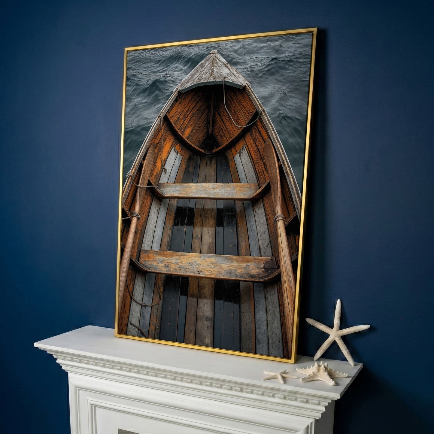 Rustic Wooden Rowboat Canvas Wall Art for Coastal Decor in yellow gold floating frame