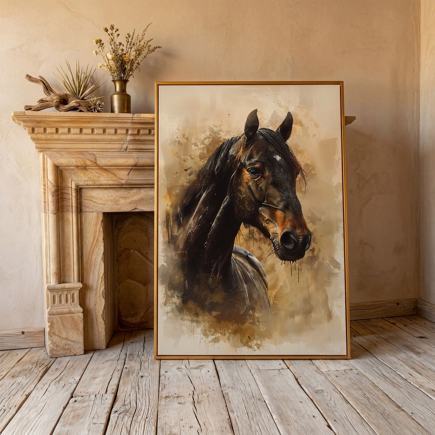 Brown Horse Portrait Canvas Print in antique gold floating frame