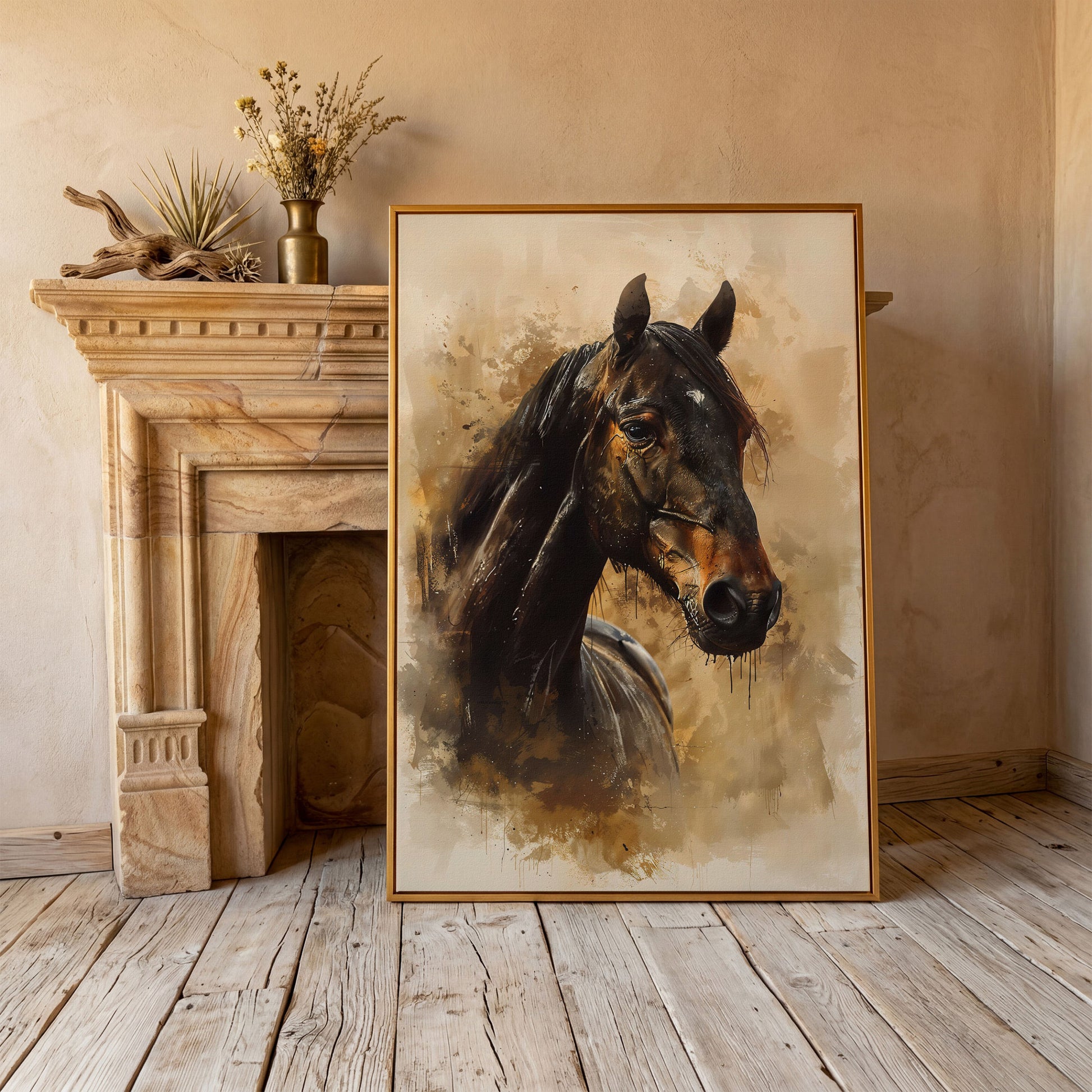 Brown Horse Portrait Canvas Print in antique gold floating frame