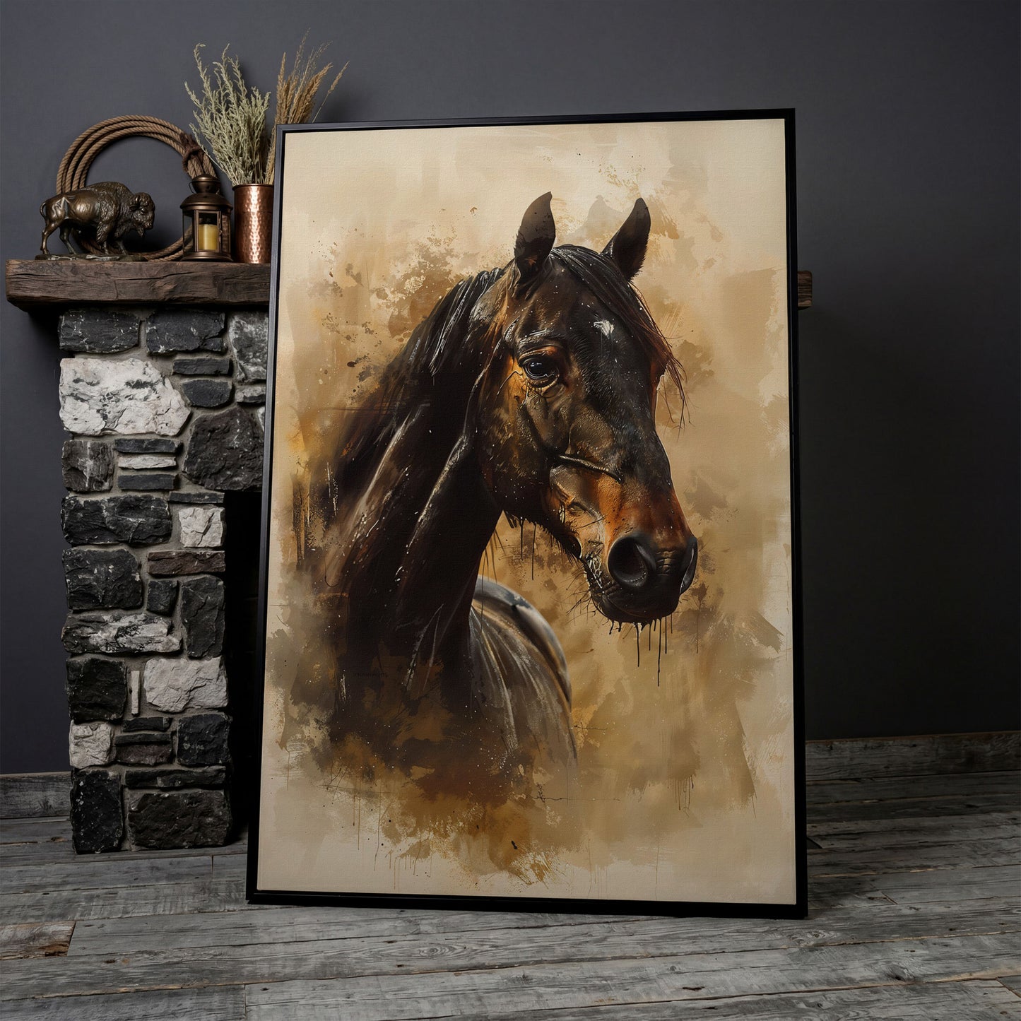 Brown Horse Portrait Canvas Print in black floating frame