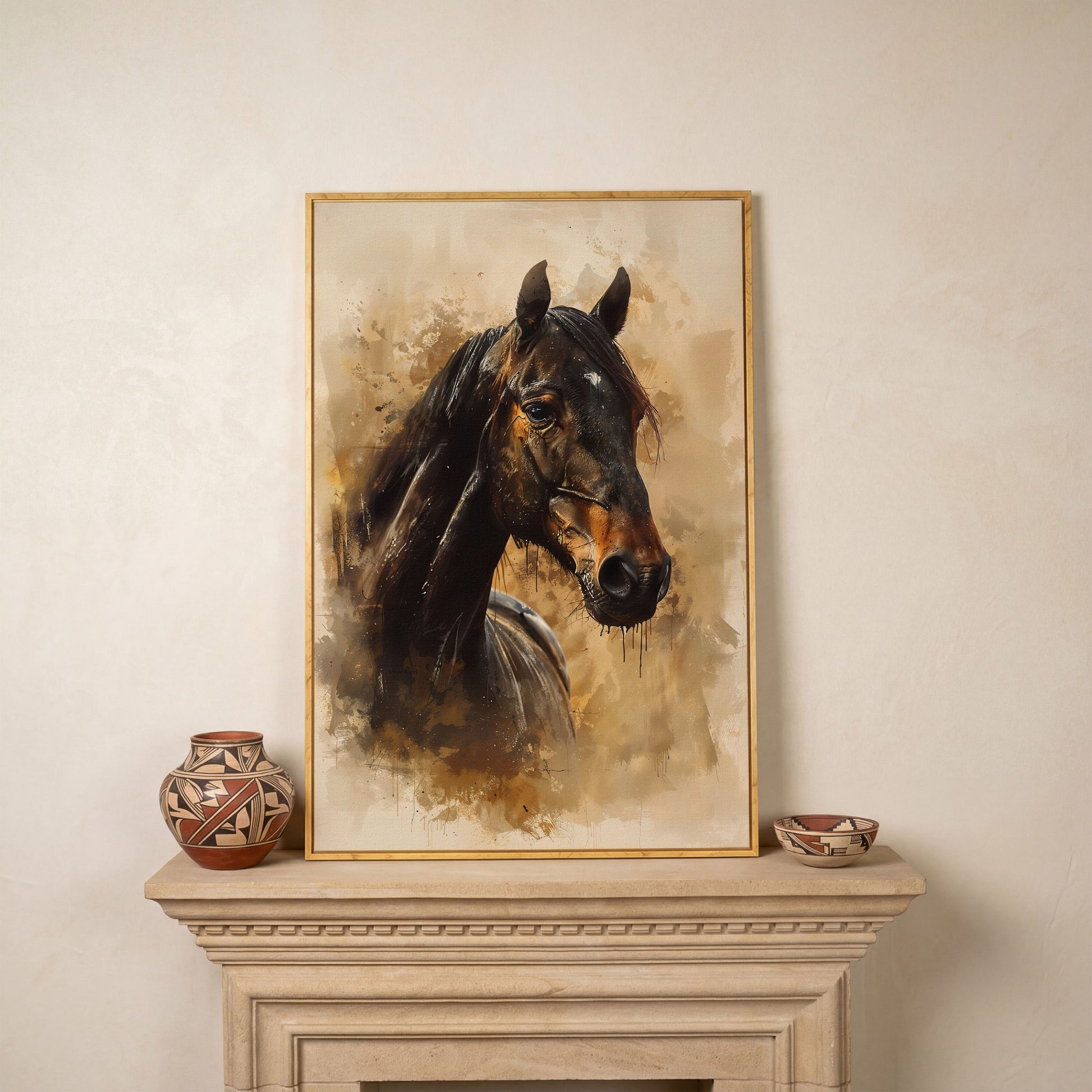 Brown Horse Portrait Canvas Print in white oak floating frame