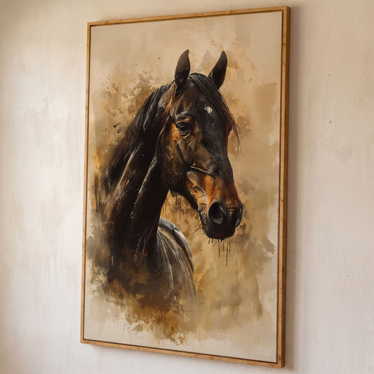 Brown Horse Portrait Canvas Print shown in white oak floating frame