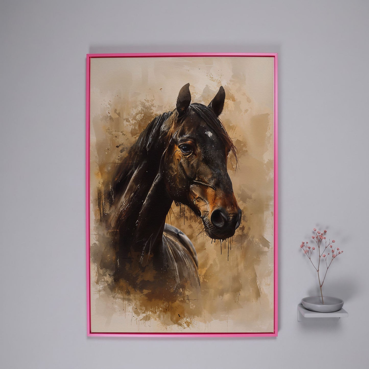 Brown Horse Portrait Canvas Print in pink floating frame