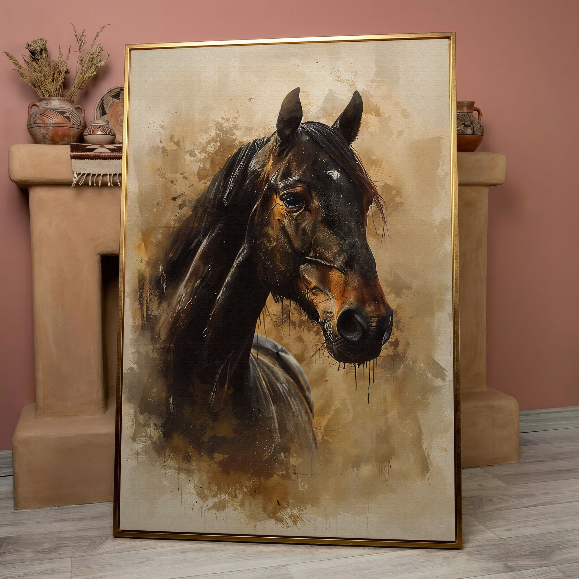 Brown Horse Portrait Canvas Print in rose gold floating frame