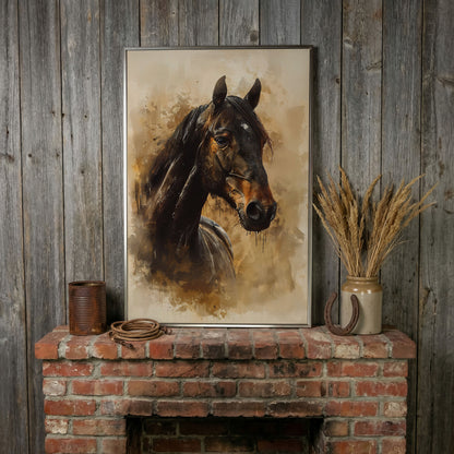 Brown Horse Portrait Canvas Print in silver floating frame
