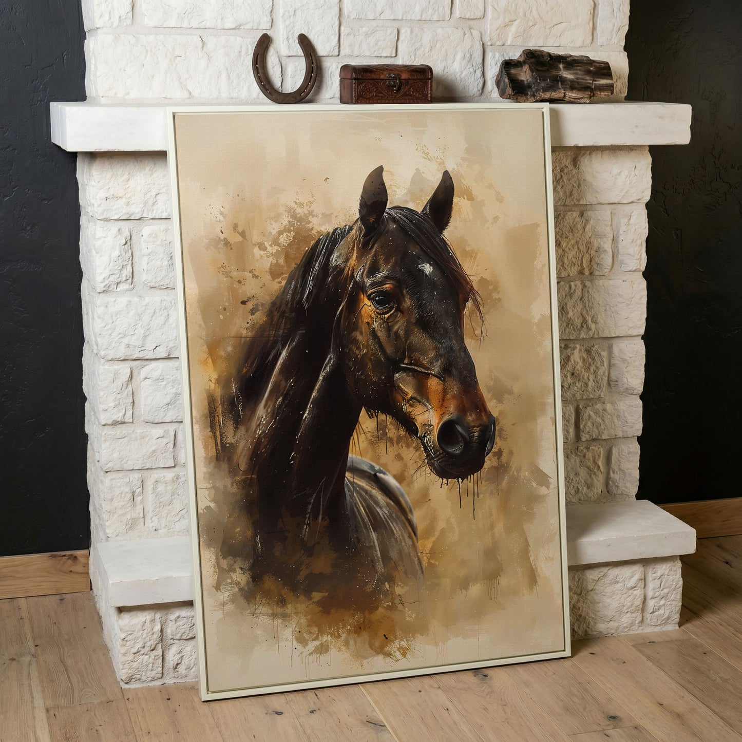 Brown Horse Portrait Canvas Print in white floating frame