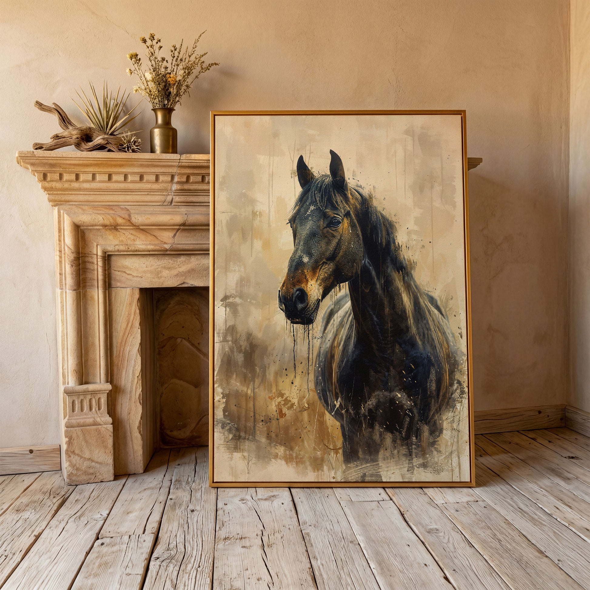 Elegant Steed Modern Farmhouse Canvas Print in antique gold floating frame