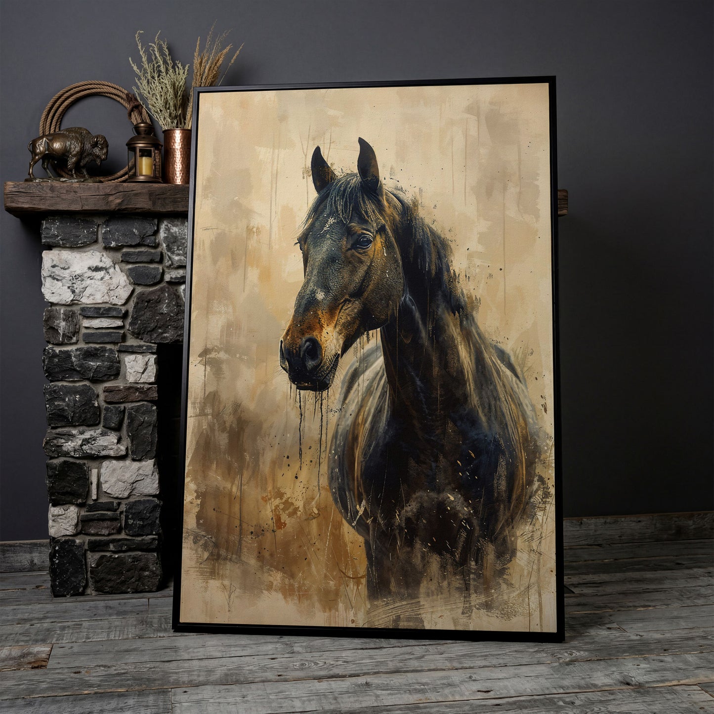 Elegant Steed Modern Farmhouse Canvas Print in black floating frame