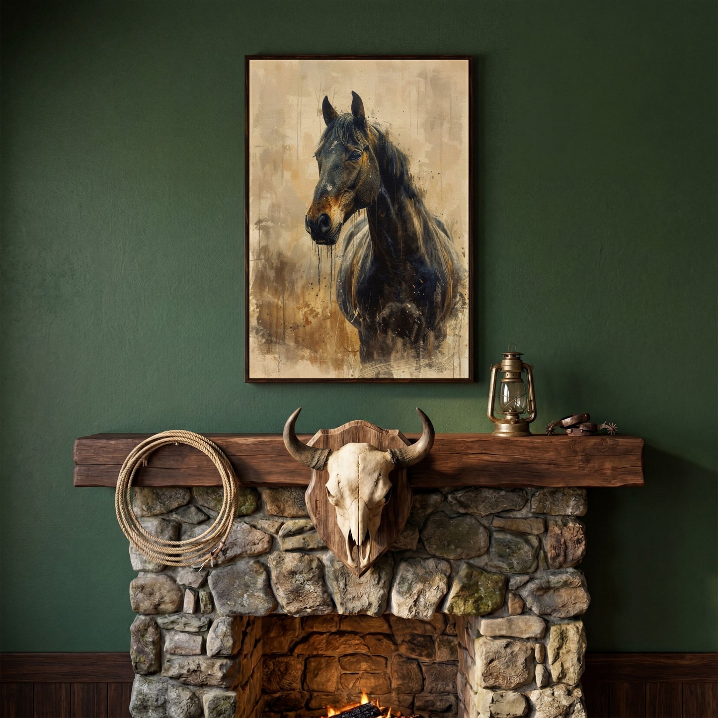 Elegant Steed Modern Farmhouse Canvas Print in dark walnut floating frame