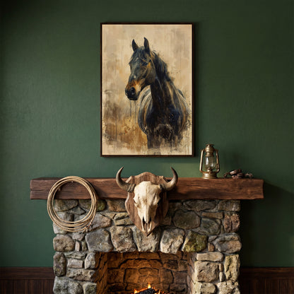 Elegant Steed Modern Farmhouse Canvas Print in dark walnut floating frame
