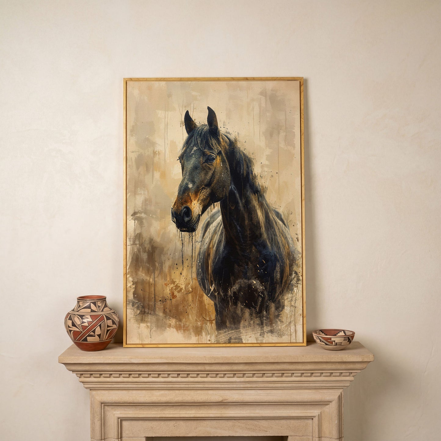 Elegant Steed Modern Farmhouse Canvas Print in white oak floating frame