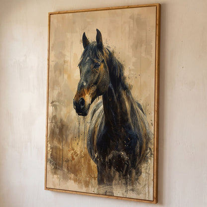 Elegant Steed Modern Farmhouse Canvas Print shown in white oak floating frame