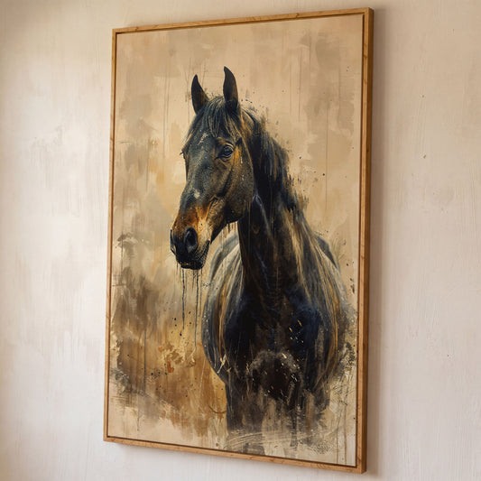 Elegant Steed Modern Farmhouse Canvas Print shown in white oak floating frame