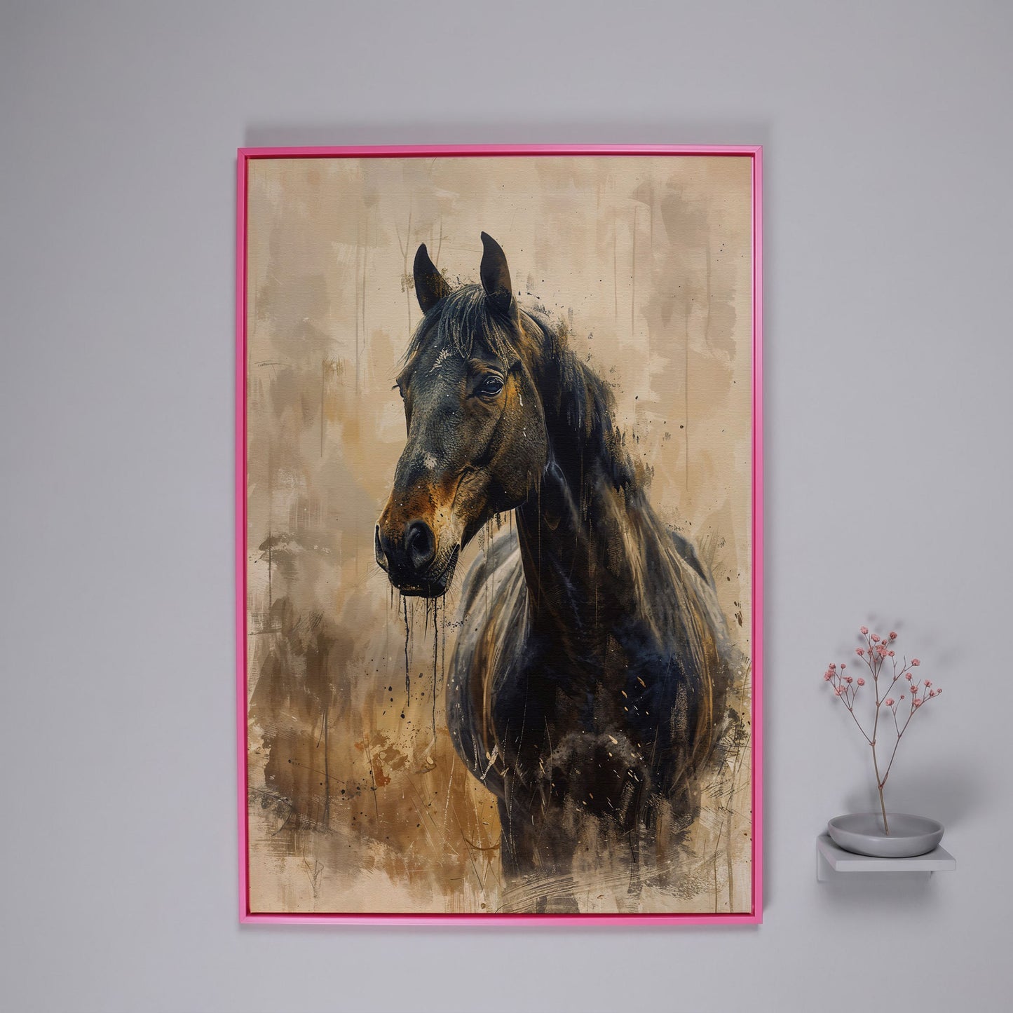 Elegant Steed Modern Farmhouse Canvas Print in pink floating frame