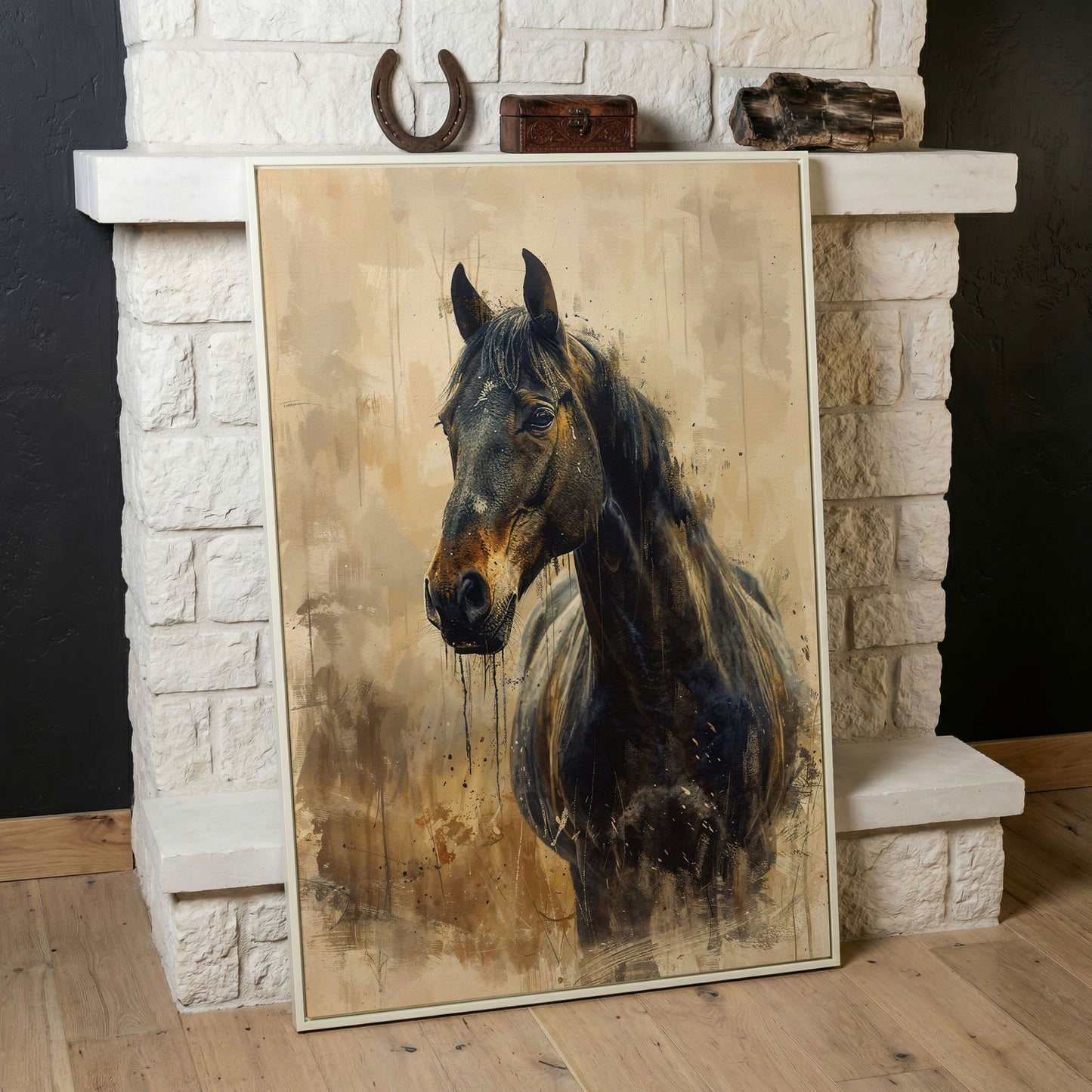 Elegant Steed Modern Farmhouse Canvas Print in white floating frame