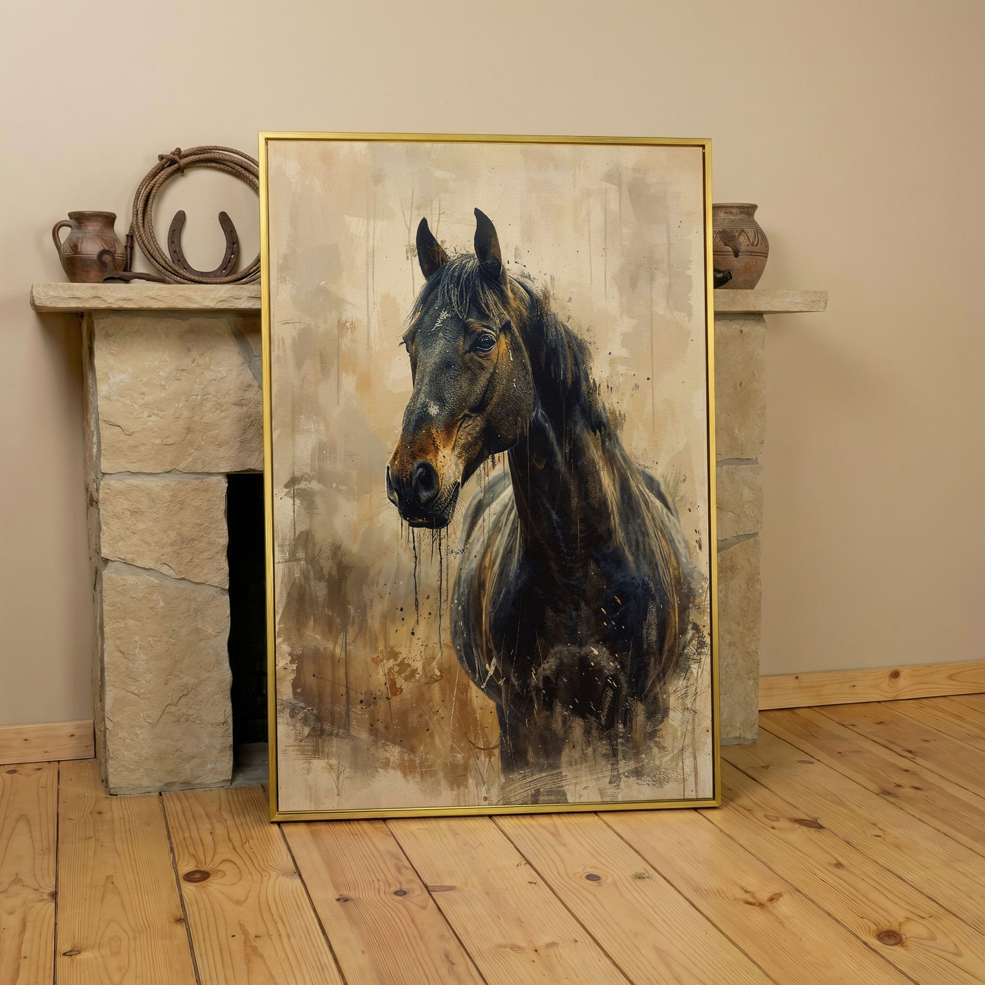Elegant Steed Modern Farmhouse Canvas Print in yellow gold floating frame