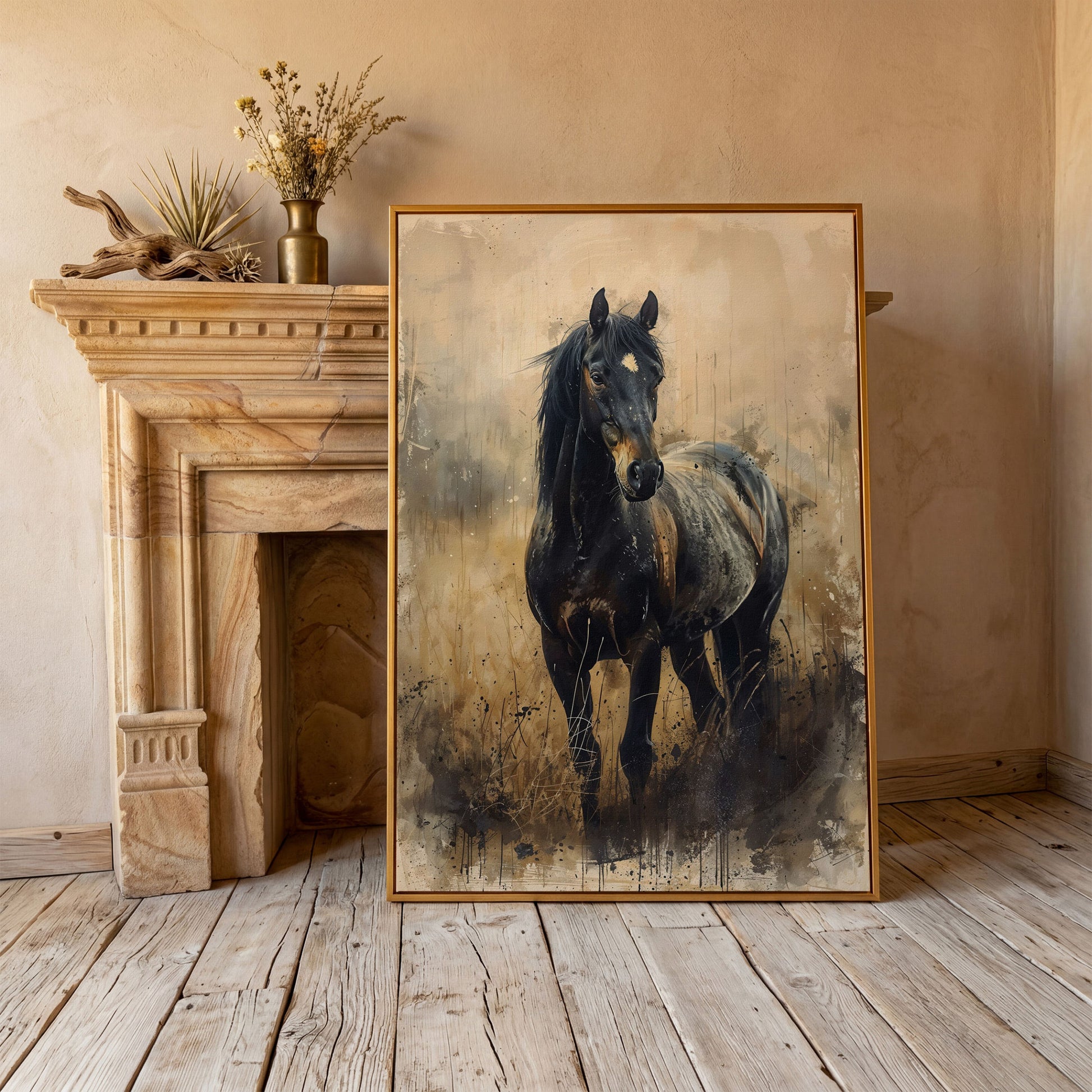 Black Horse Rustic Canvas Art Print in antique gold floating frame