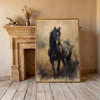 Black Horse Rustic Canvas Art Print in antique gold floating frame