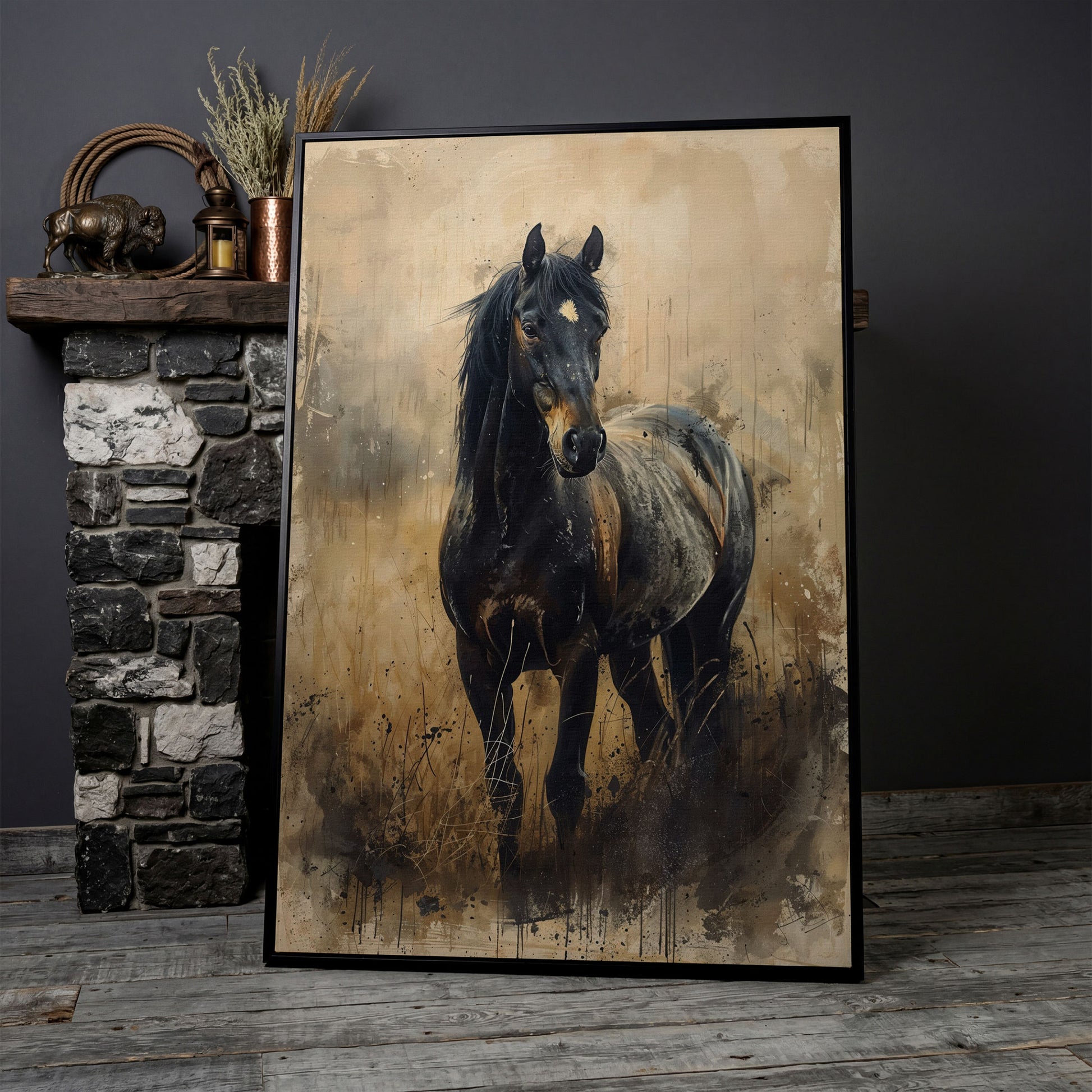 Black Horse Rustic Canvas Art Print in black floating frame