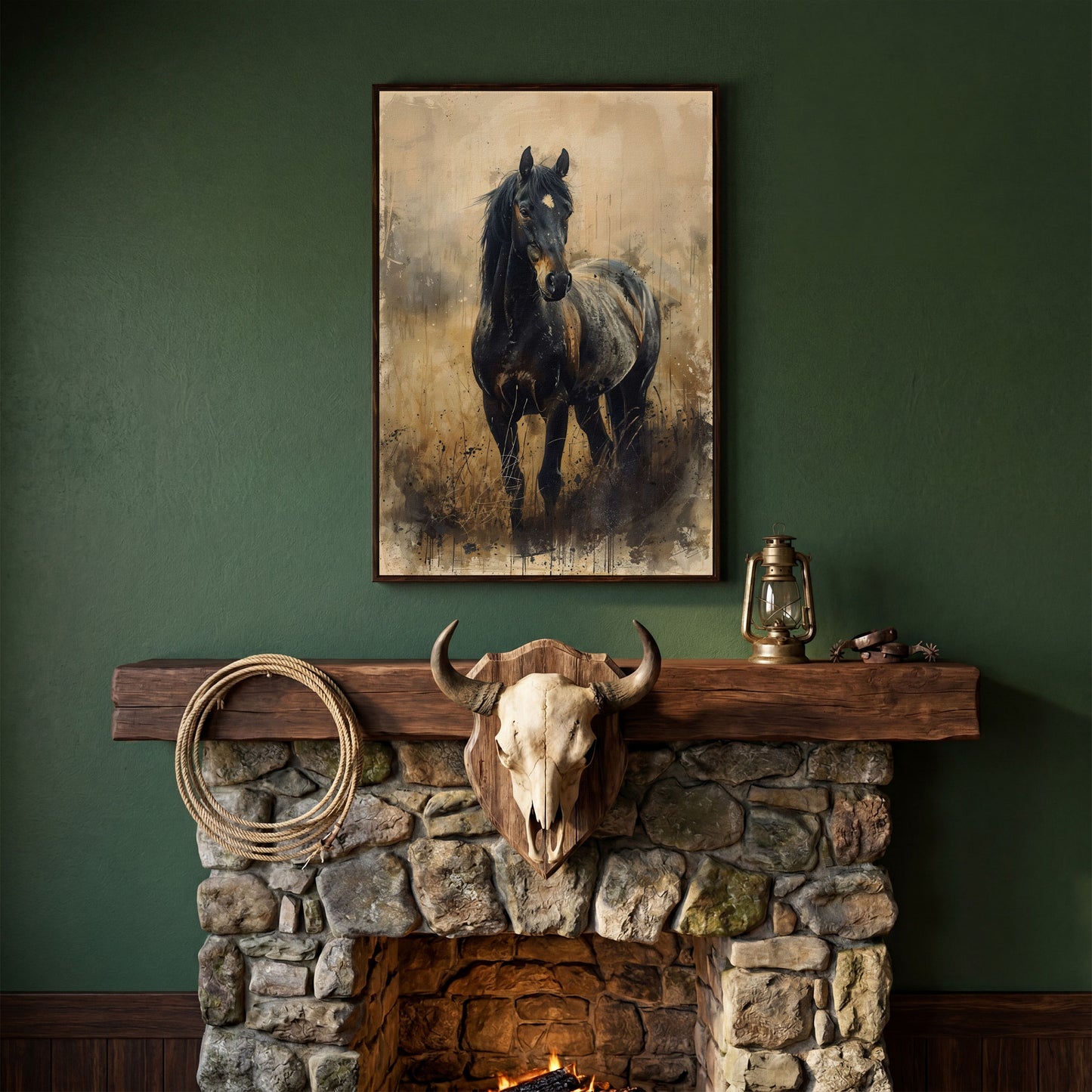 Black Horse Rustic Canvas Art Print in dark walnut floating frame