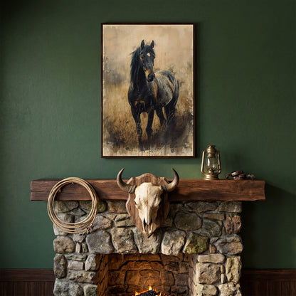 Black Horse Rustic Canvas Art Print in dark walnut floating frame