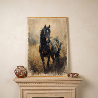 Black Horse Rustic Canvas Art Print in white oak floating frame