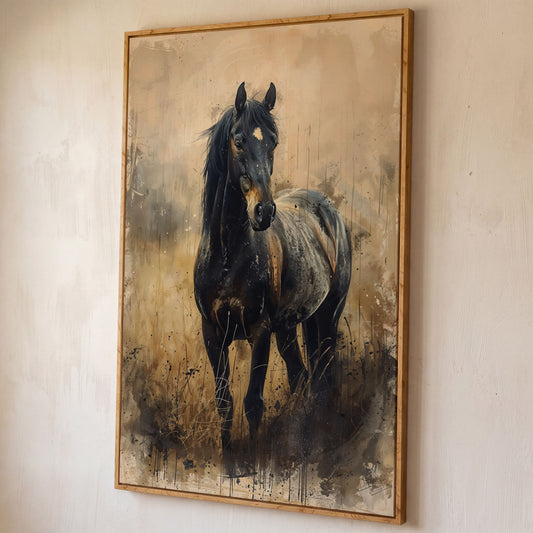 Black Horse Rustic Canvas Art Print shown in white oak floating frame