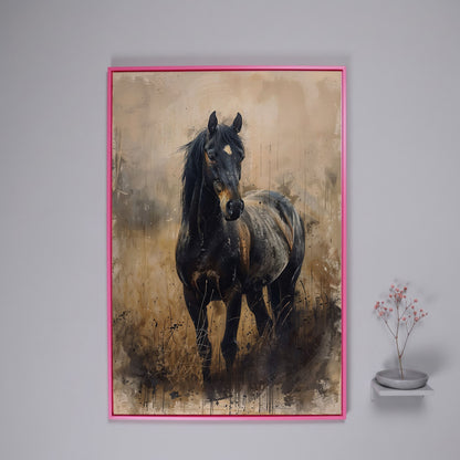 Black Horse Rustic Canvas Art Print in pink floating frame