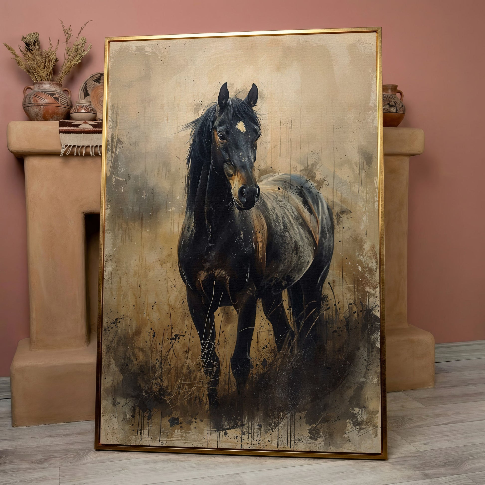 Black Horse Rustic Canvas Art Print in rose gold floating frame