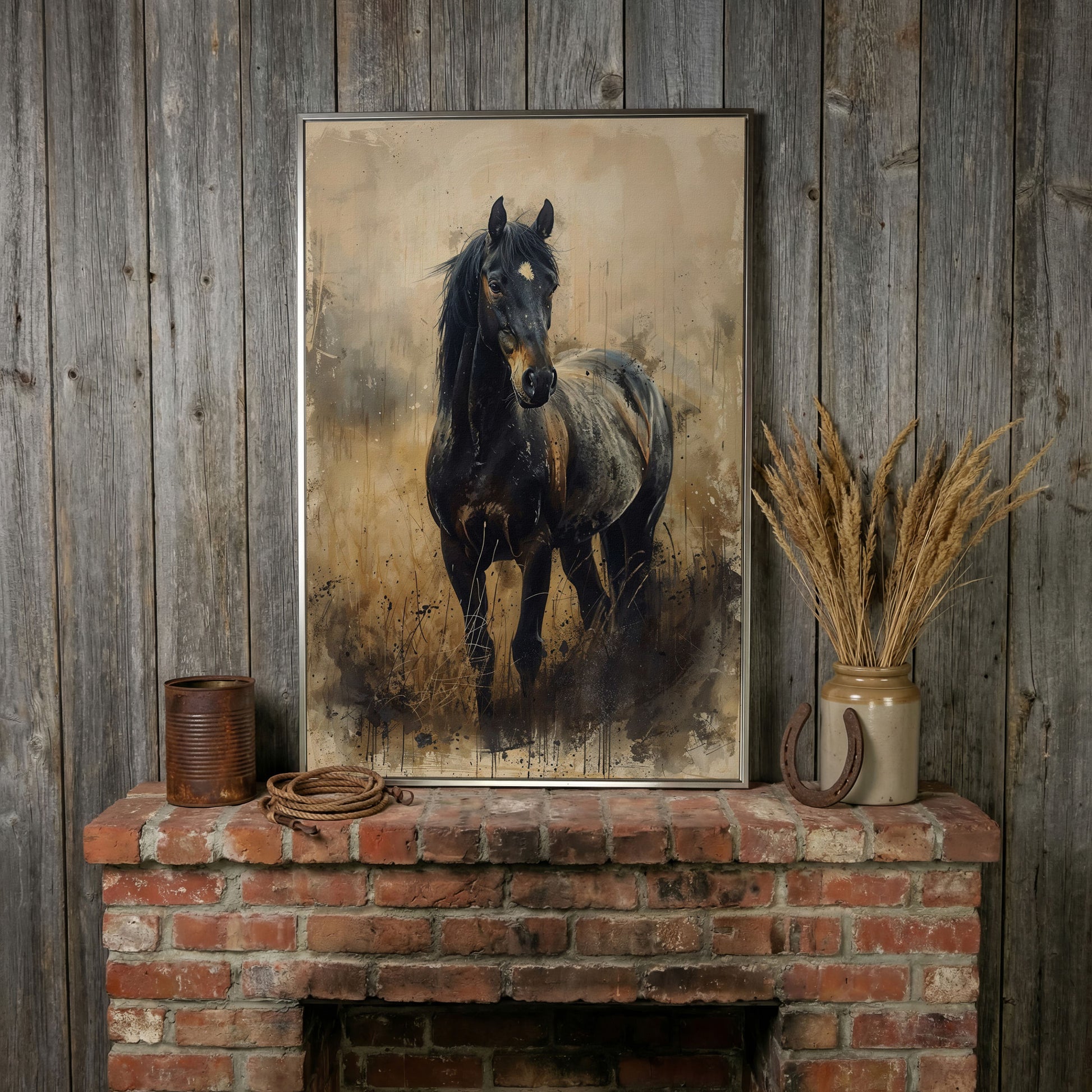 Black Horse Rustic Canvas Art Print in silver floating frame