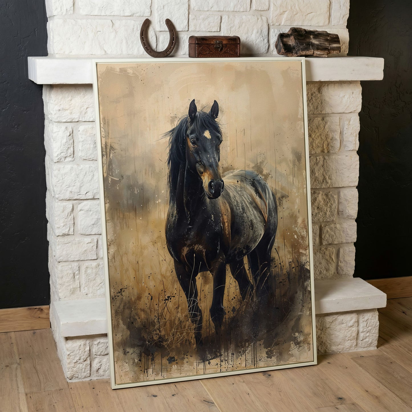 Black Horse Rustic Canvas Art Print in white floating frame