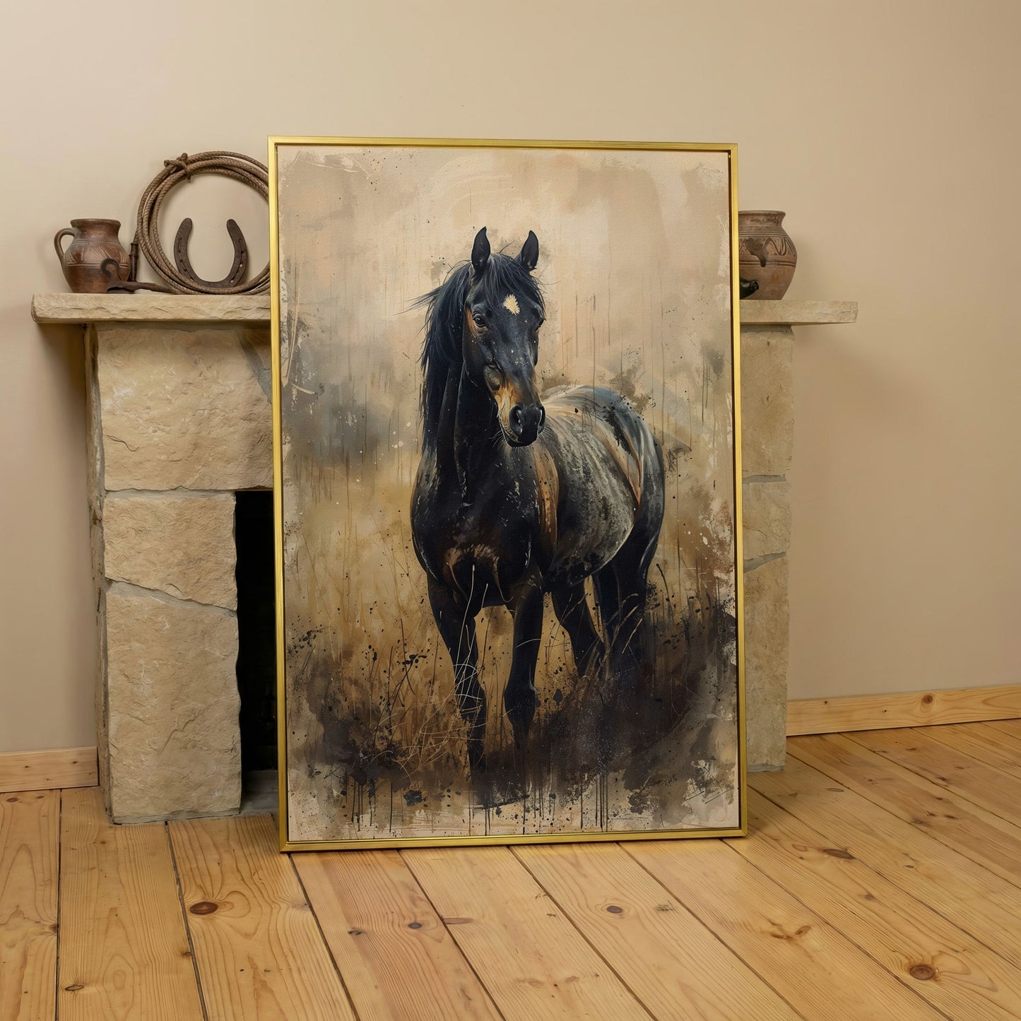 Black Horse Rustic Canvas Art Print in yellow gold floating frame