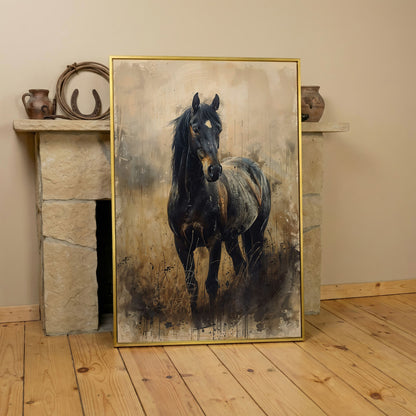 Black Horse Rustic Canvas Art Print in yellow gold floating frame