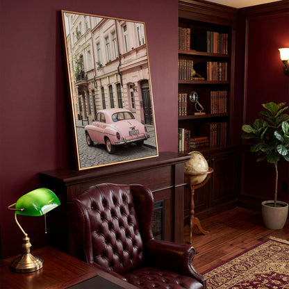 Pink Car on European Alley Canvas Print in antique gold floating frame