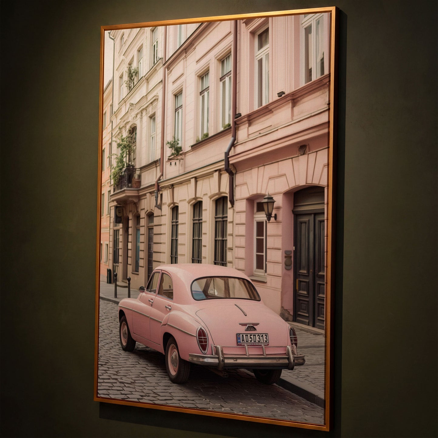 Pink Car on European Alley Canvas Print shown in antique gold floating frame