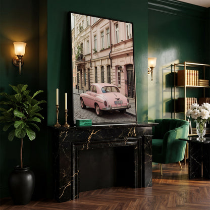 Pink Car on European Alley Canvas Print in black floating frame