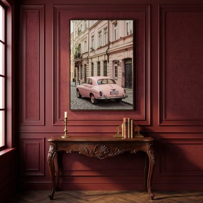 Pink Car on European Alley Canvas Print in dark walnut floating frame