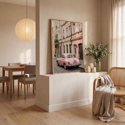 Pink Car on European Alley Canvas Print in white oak floating frame