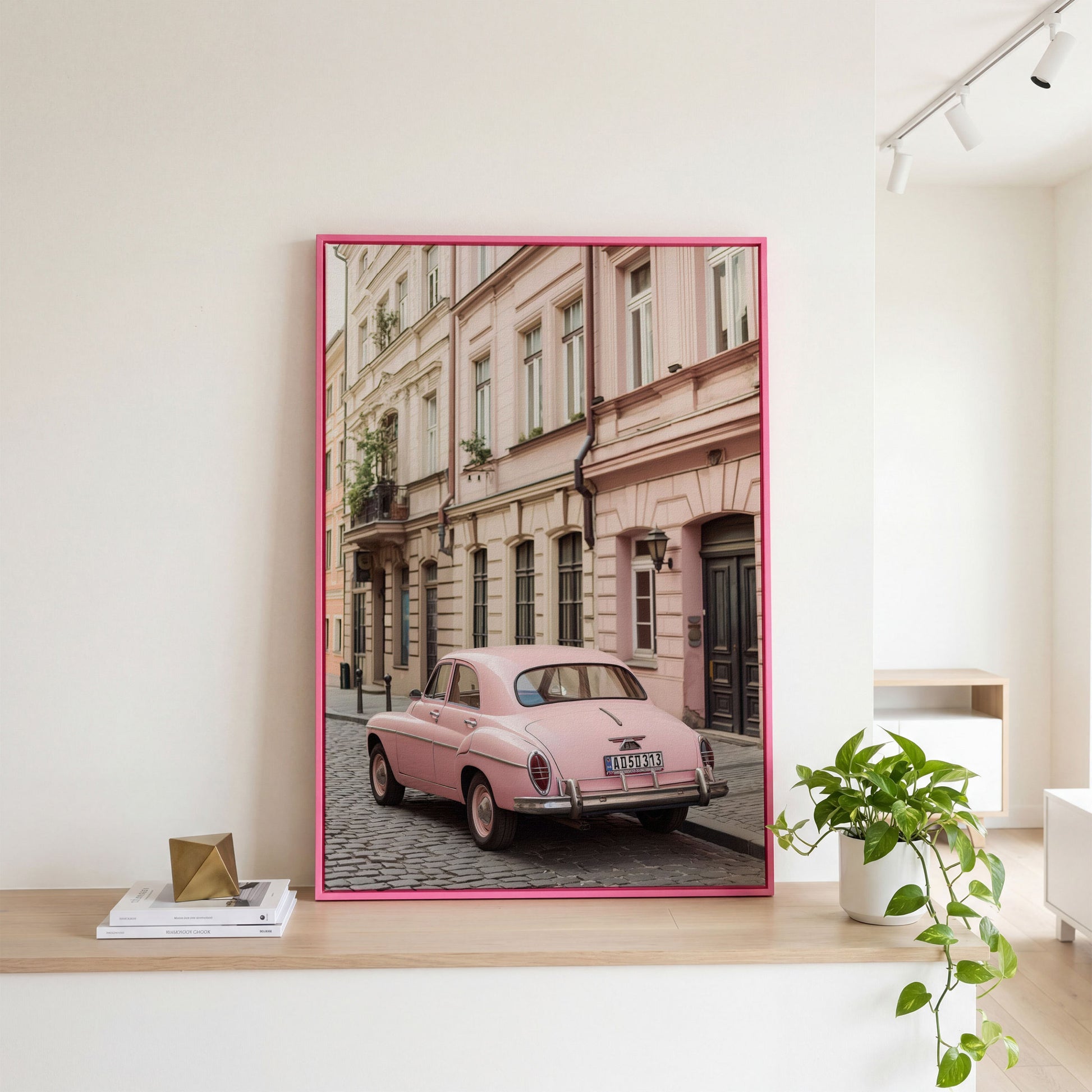 Pink Car on European Alley Canvas Print in pink floating frame