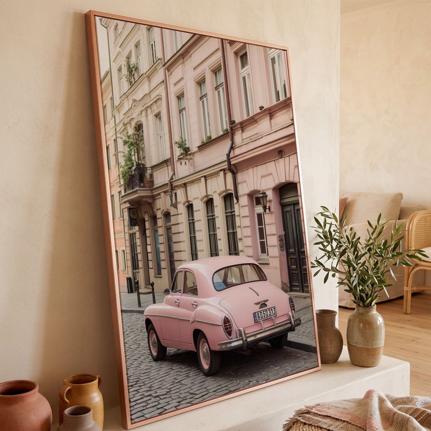 Pink Car on European Alley Canvas Print in rose gold floating frame