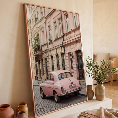Pink Car on European Alley Canvas Print in rose gold floating frame