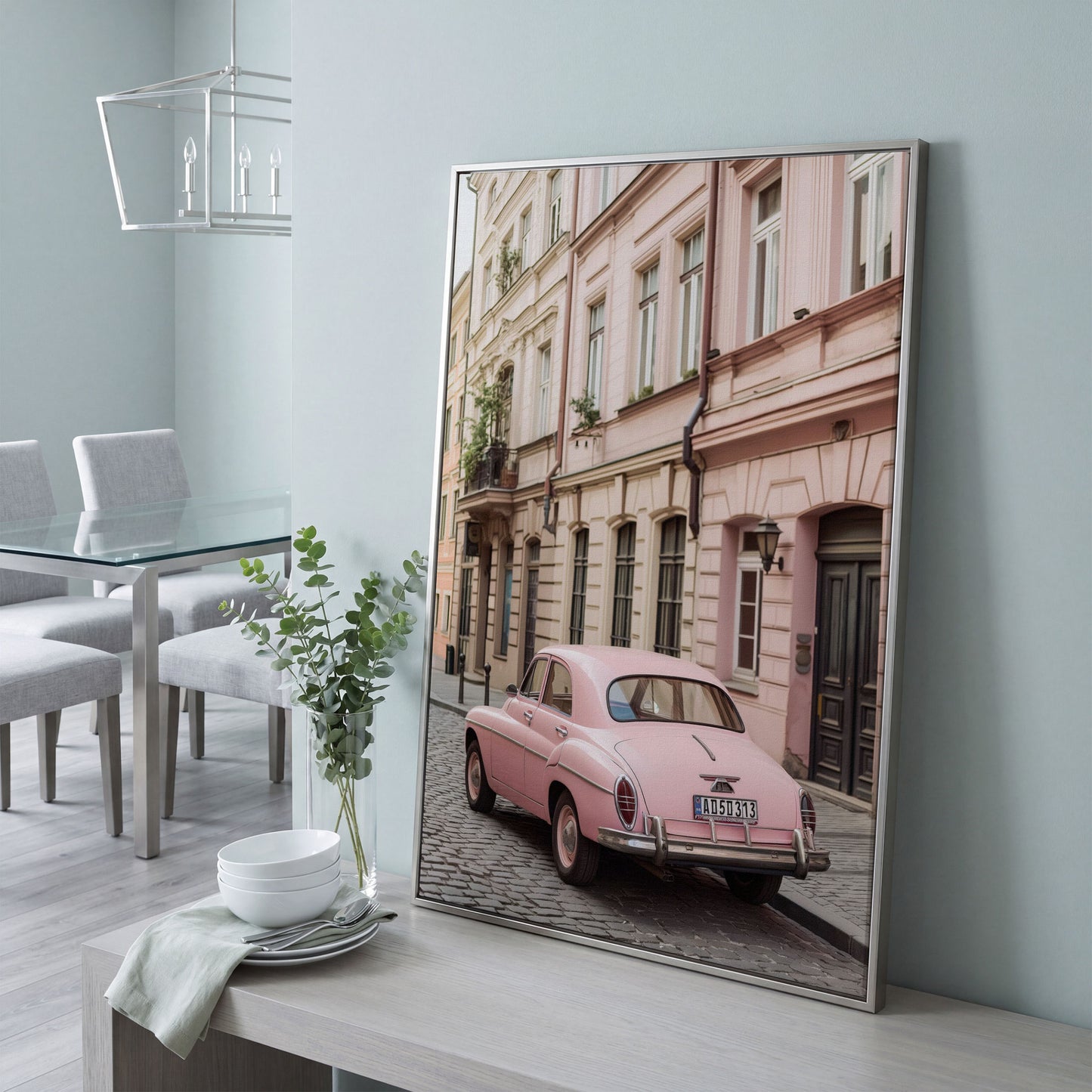 Pink Car on European Alley Canvas Print in silver floating frame
