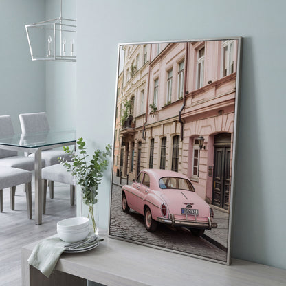 Pink Car on European Alley Canvas Print in silver floating frame