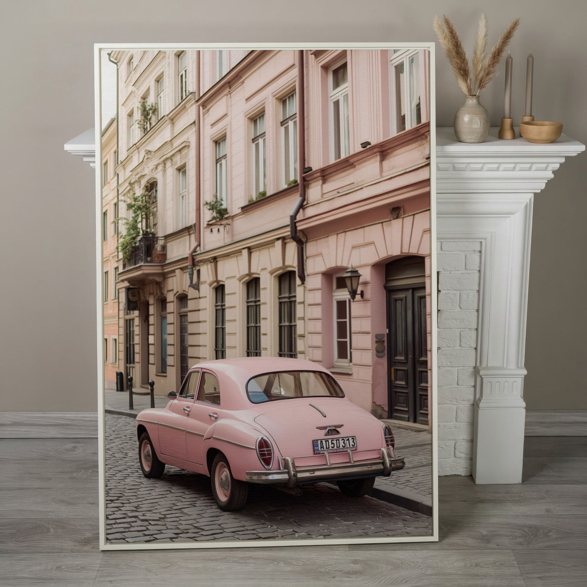 Pink Car on European Alley Canvas Print in white floating frame
