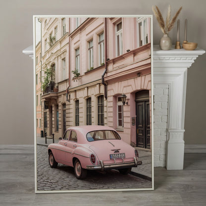 Pink Car on European Alley Canvas Print in white floating frame