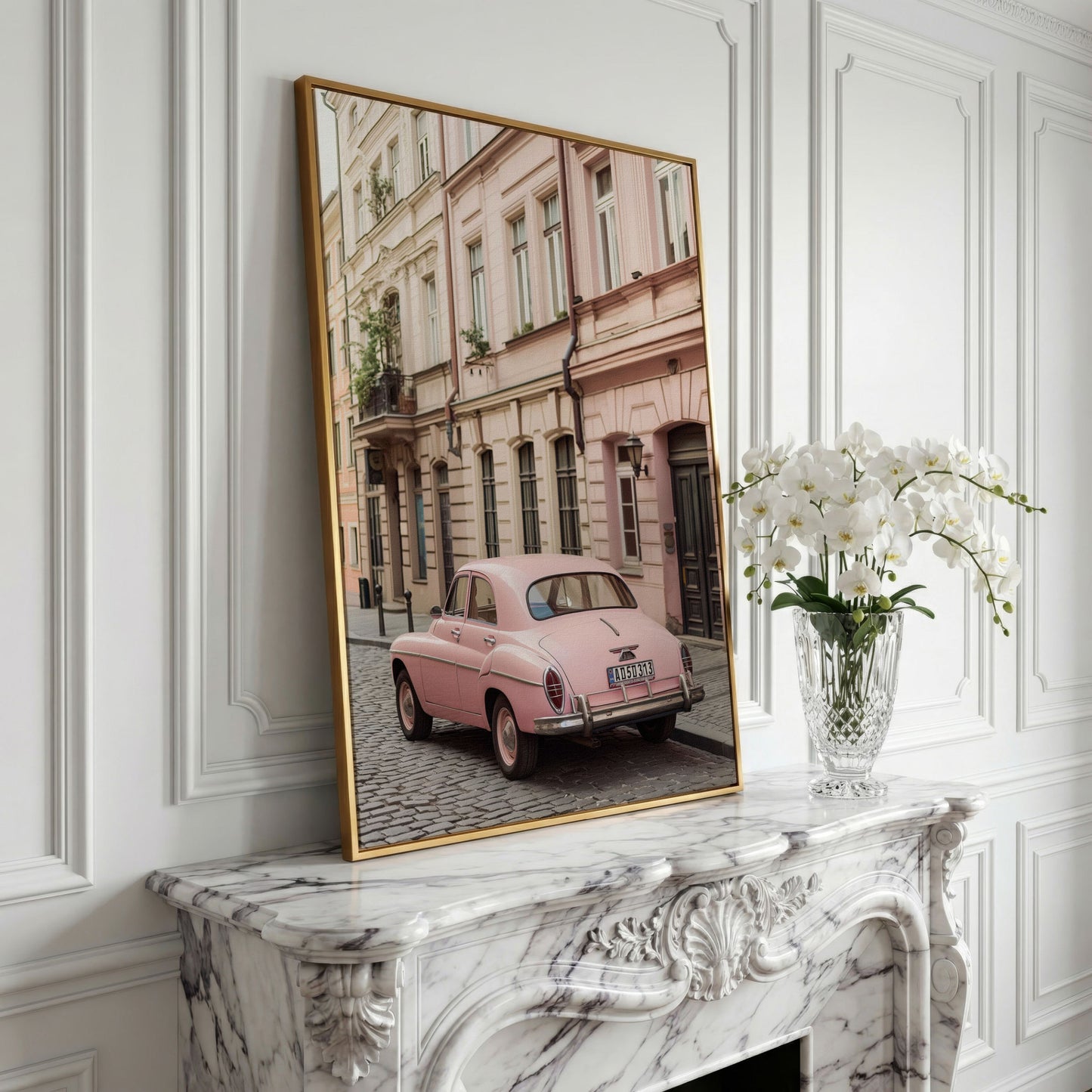 Pink Car on European Alley Canvas Print in yellow gold floating frame
